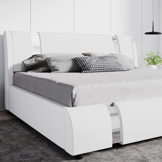 Full Size Bed Frame with Iron Pieces Decor and Adjustable Headboard/Deluxe Upholstered Modern Platform Bed with Solid Wooden Slats Support/No Box Spring Needed, White
