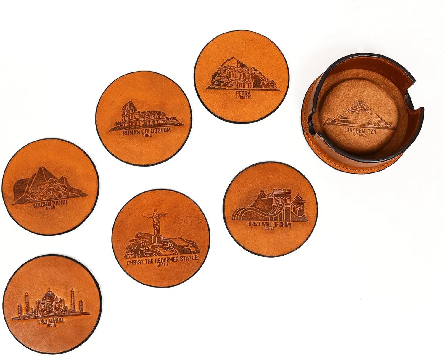Leather Coasters for Drinks Set of 6 with Holder-Protect Your Furniture from Stains (Walnut)
