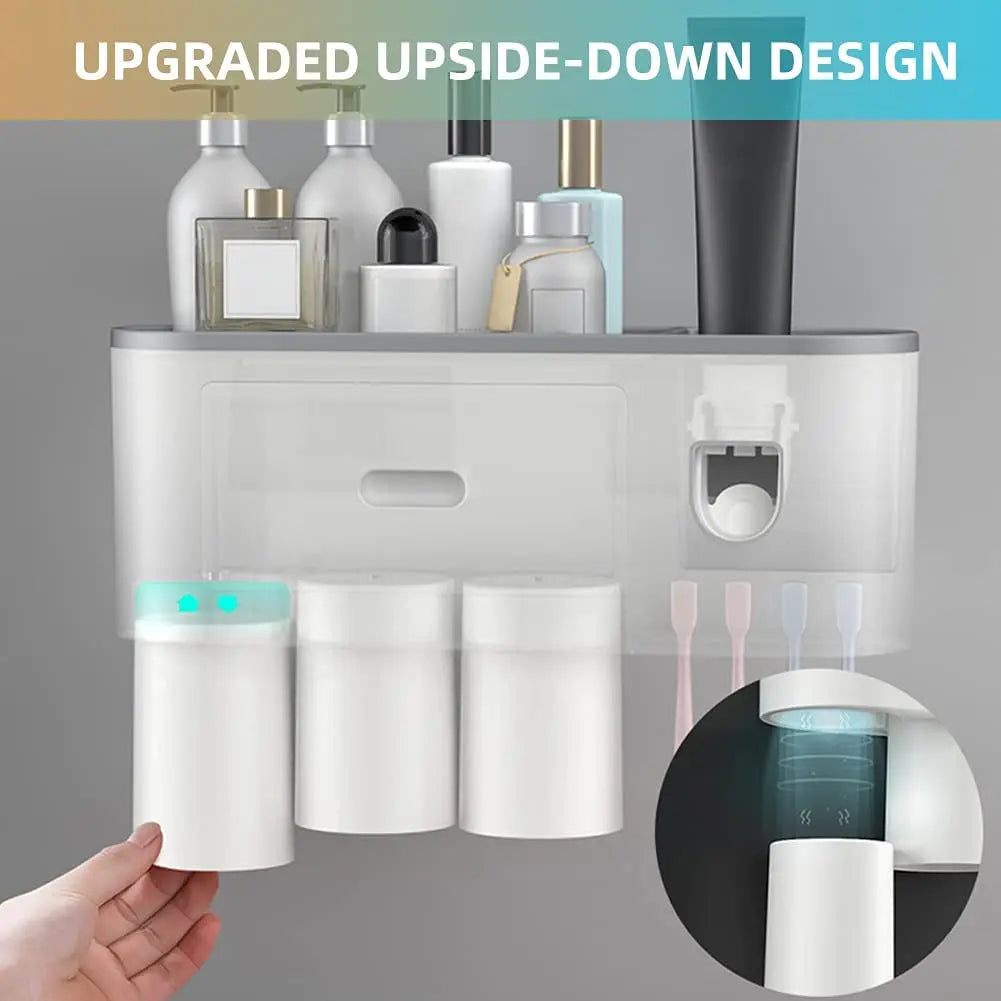 Toothbrush Holder Wall Mounted, Toothpaste Dispenser for Bathrooms Automatic Electric Tooth Pastetooth Dispenser Squeezer Accessories Set for Kids, Toothbrush Organizer Rack with Magnetic Cup , Grey