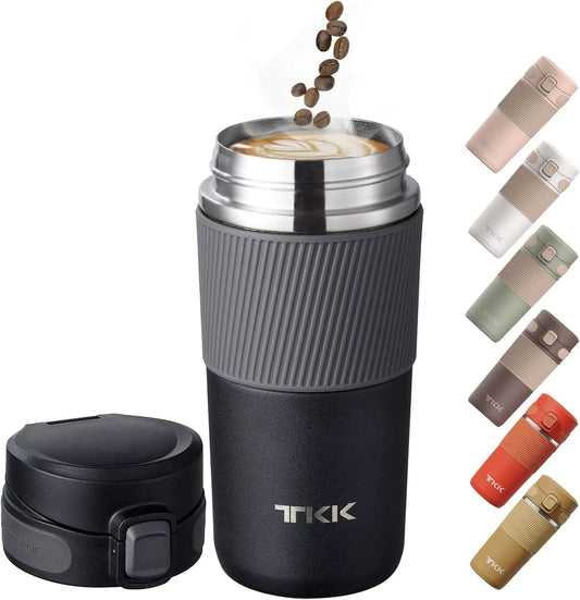 Insulated Coffee Travel Mug Double Wall Leak-Proof Thermos Vacuum Reusable Stainless Steel Tumbler, 15 Oz, Black