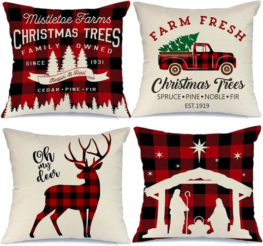 Buffalo Plaid Christmas Pillow Covers 18X18 Set of 4 Christmas Pillows Xmas Winter Holiday Throw Pillows Deer Farmhouse Christmas Decor Red Truck Christmas Decorations for Couch A265
