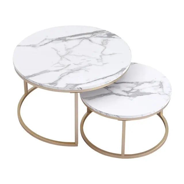 2Pcs Marble Textuur Salontafel Voor Woonkamer Sofa Kant Ronde Koffie Thee Tafel 2 In 1 Combinatie Meubels gouden Wit SimpelComfort