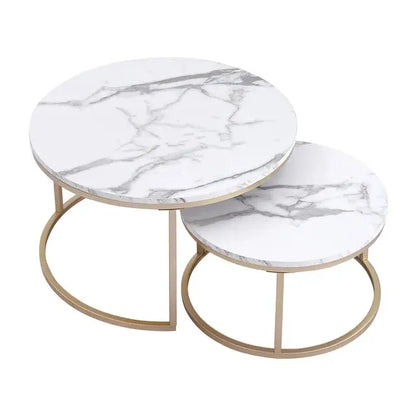 2Pcs Marble Textuur Salontafel Voor Woonkamer Sofa Kant Ronde Koffie Thee Tafel 2 In 1 Combinatie Meubels gouden Wit SimpelComfort