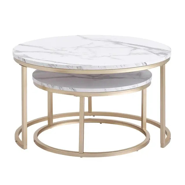 2Pcs Marble Textuur Salontafel Voor Woonkamer Sofa Kant Ronde Koffie Thee Tafel 2 In 1 Combinatie Meubels gouden Wit SimpelComfort