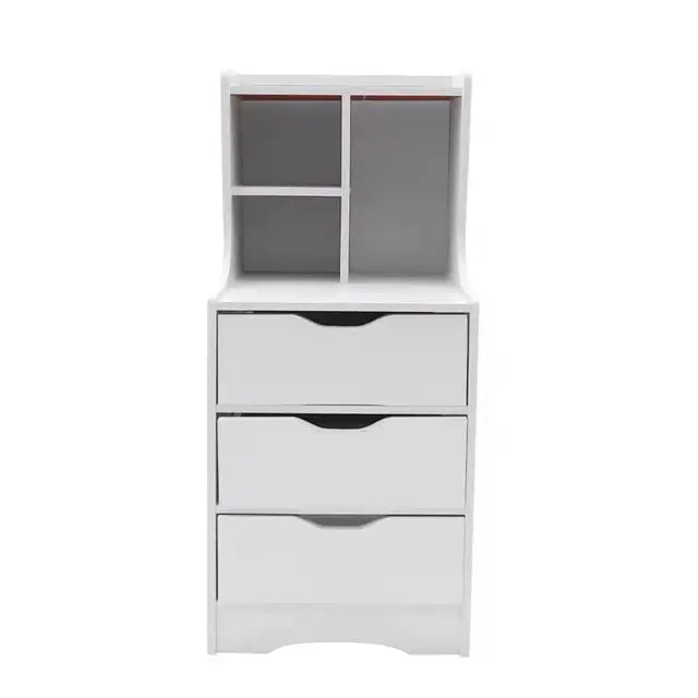 Wit nachtkastje met showplank Modern bijzettafeltje met 3 laden Kaststandaard Slaapkamerdecoratieaccessoires SimpelComfort