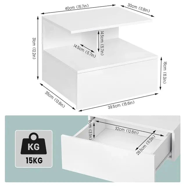 WOLTU Wit/Zwart Hangend Nachtkastje Muurplank – Nachtkastje met Lade, Modern Houten Huismeubilair voor Slaapkamer SimpelComfort