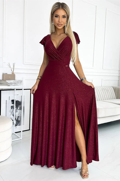 CRYSTAL Elegant Black Brocade Maxi Dress with Wrap Neckline and Leg Slit – Special Occasion Dress