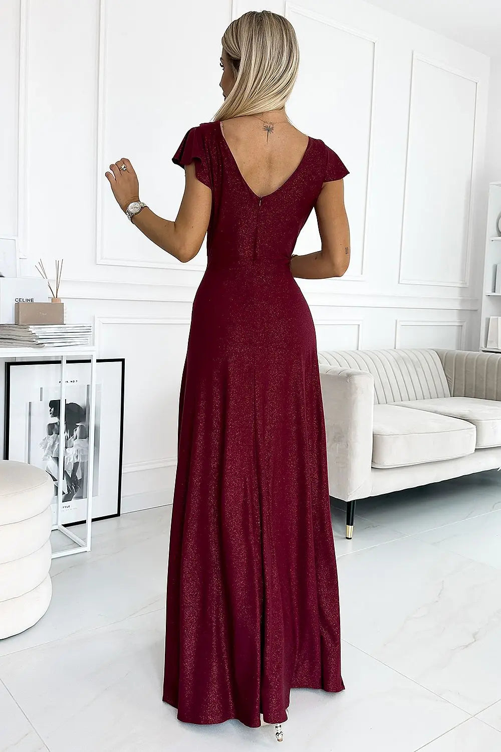 CRYSTAL Elegant Black Brocade Maxi Dress with Wrap Neckline and Leg Slit – Special Occasion Dress