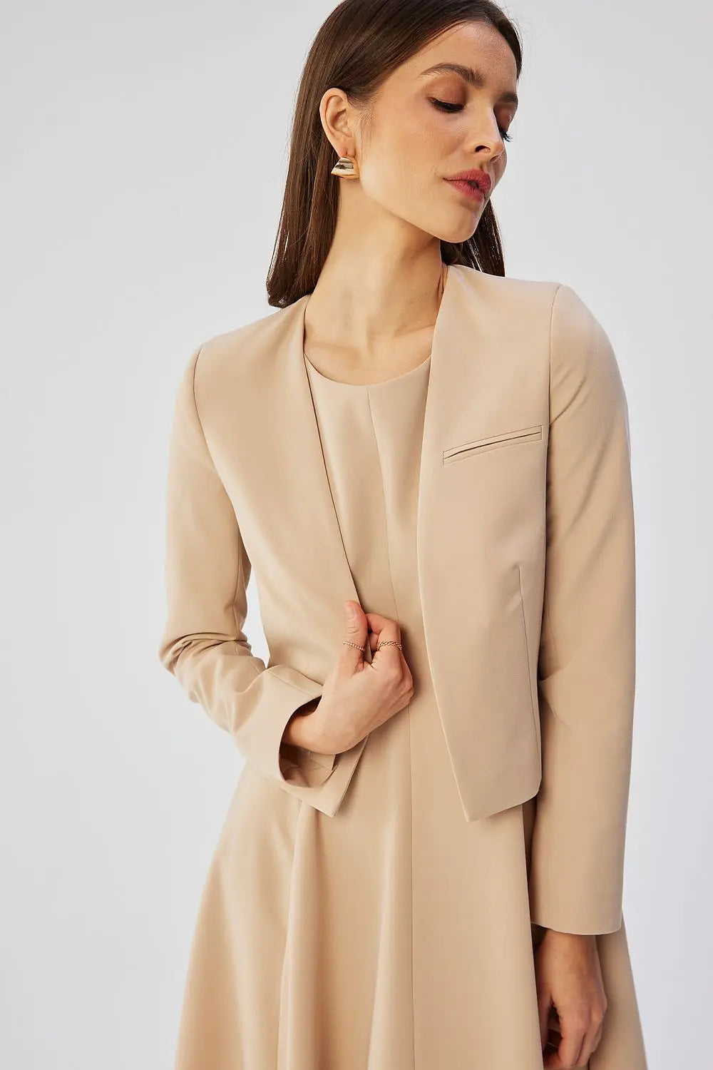 Short Collarless Jacket with Long Sleeves and Imitation Chest Pocket Stylove