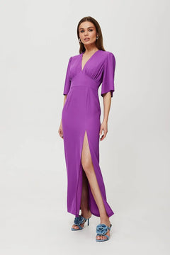 Maxi Dress with V-Neck, Short Wide Sleeves & Waist Bridge Makover