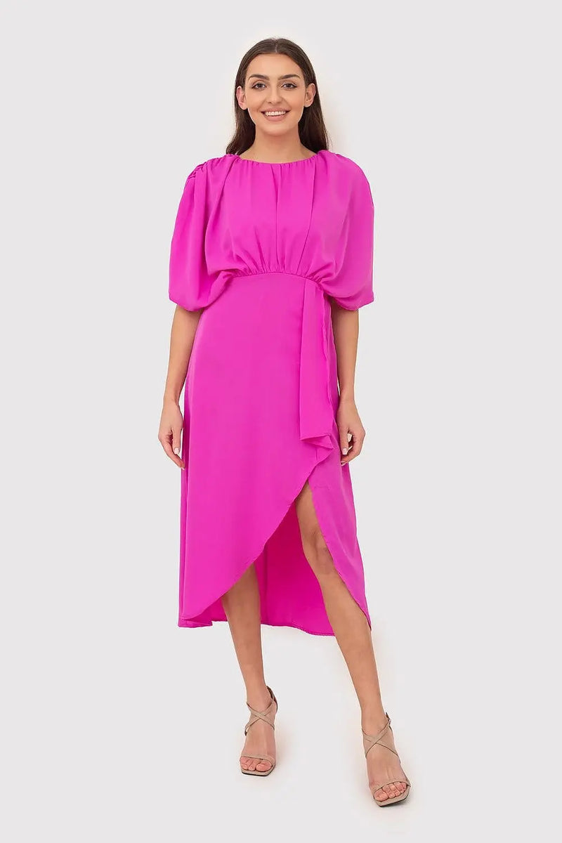 Pink Midi Dress with Decorative Creases, Wide Sleeves & Elastic Waistband Ax Paris