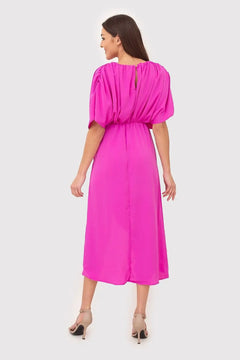 Pink Midi Dress with Decorative Creases, Wide Sleeves & Elastic Waistband Ax Paris