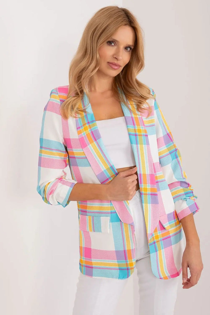 Women's Blazer with Colorful Check Print and Lined Lapels Italy Moda