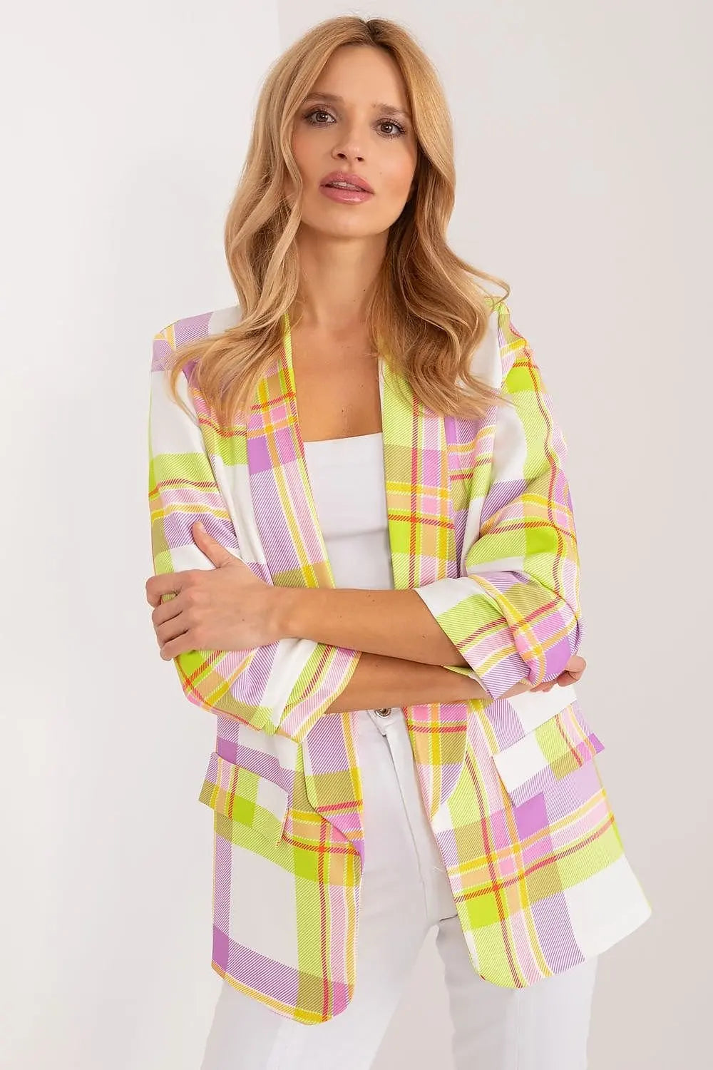 Women's Blazer with Colorful Check Print and Lined Lapels Italy Moda