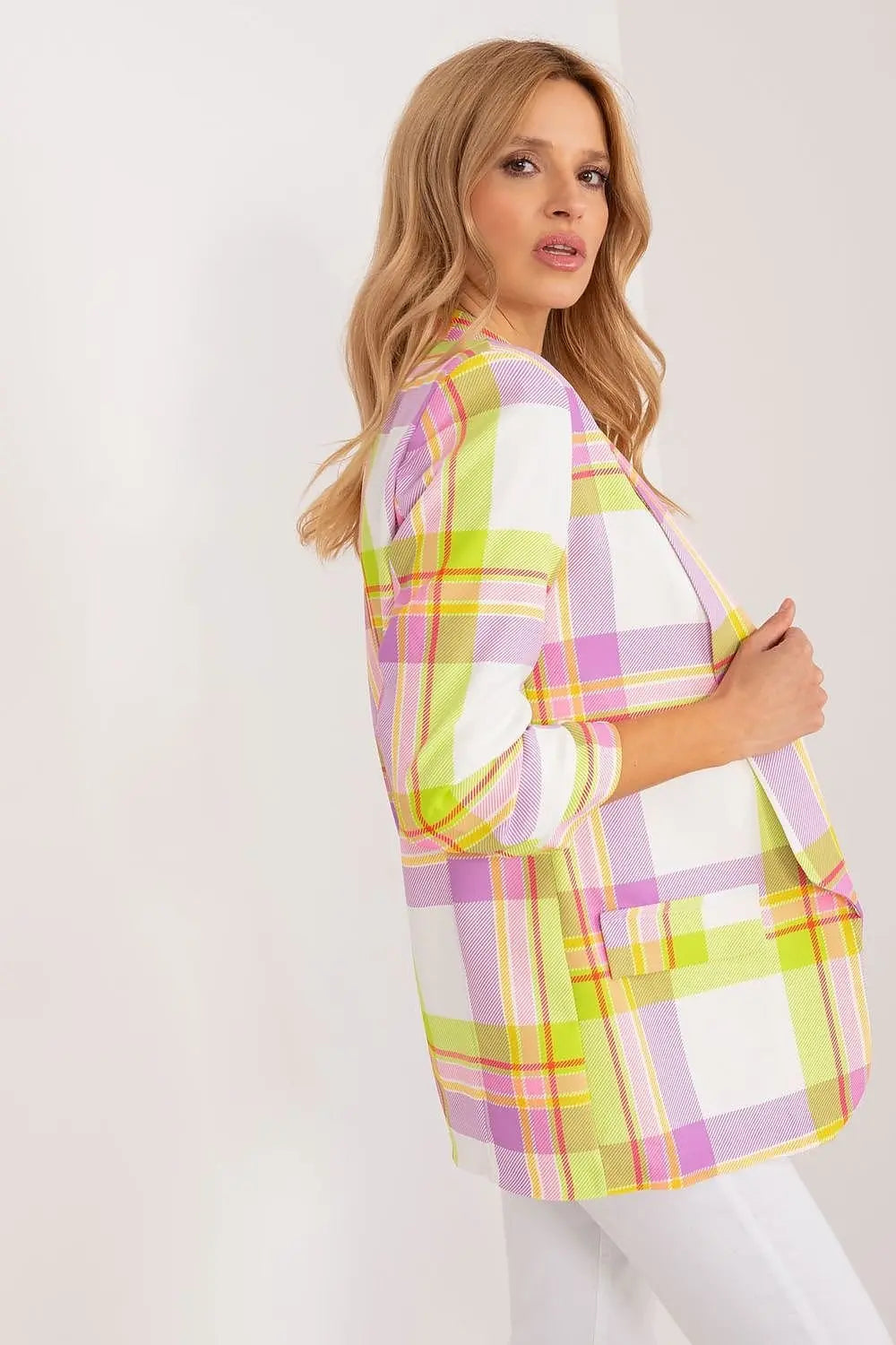 Women's Blazer with Colorful Check Print and Lined Lapels Italy Moda