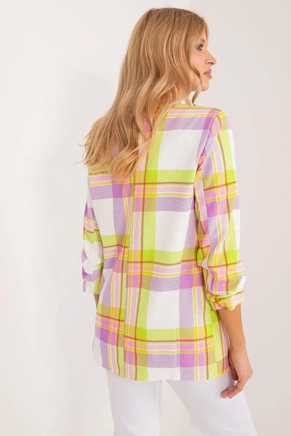 Women's Blazer with Colorful Check Print and Lined Lapels Italy Moda