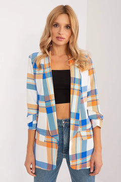 Women's Blazer with Colorful Check Print and Lined Lapels Italy Moda