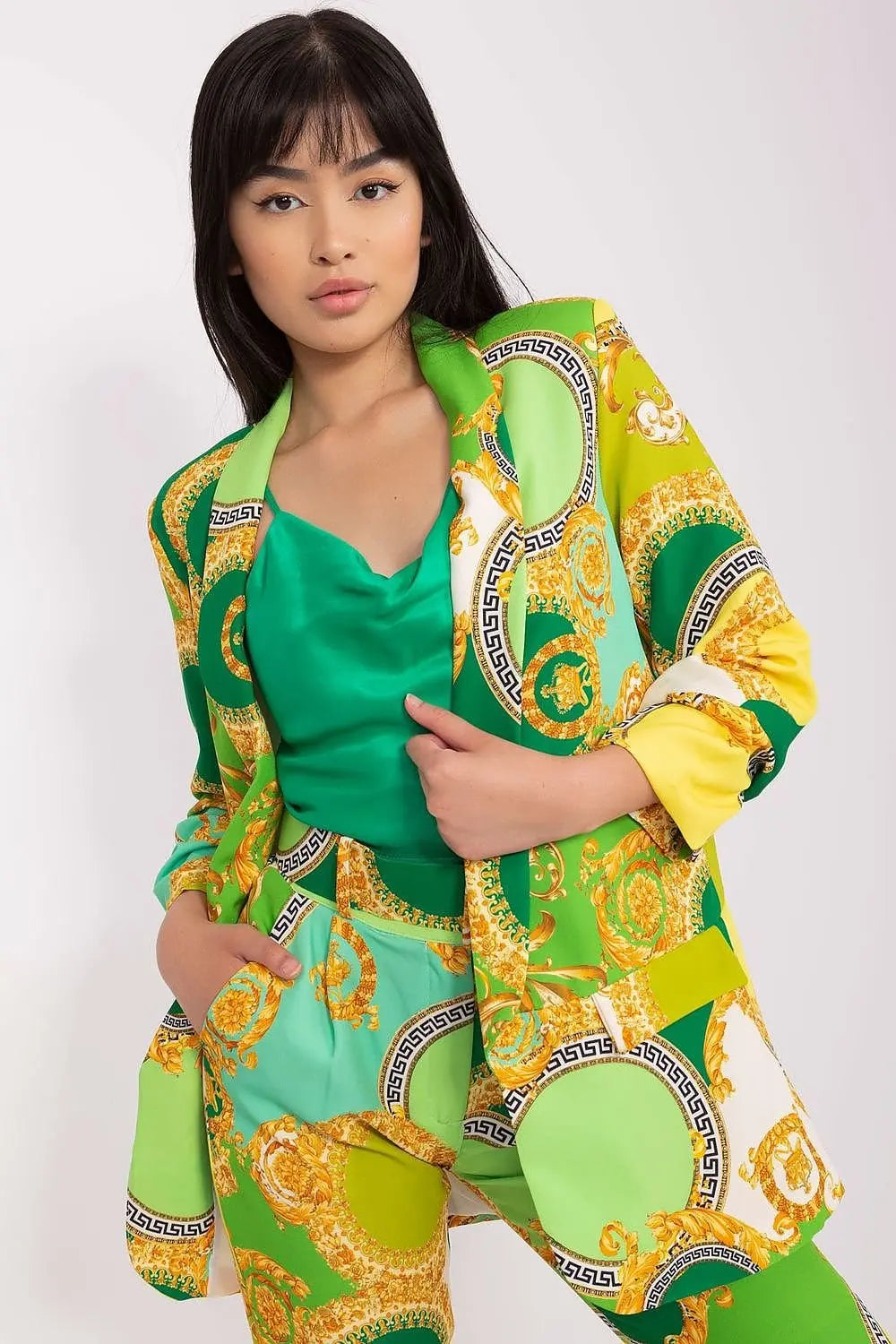 Unbuttoned Blazer with Colorful Print, Lining & Shoulder Pads Italy Moda