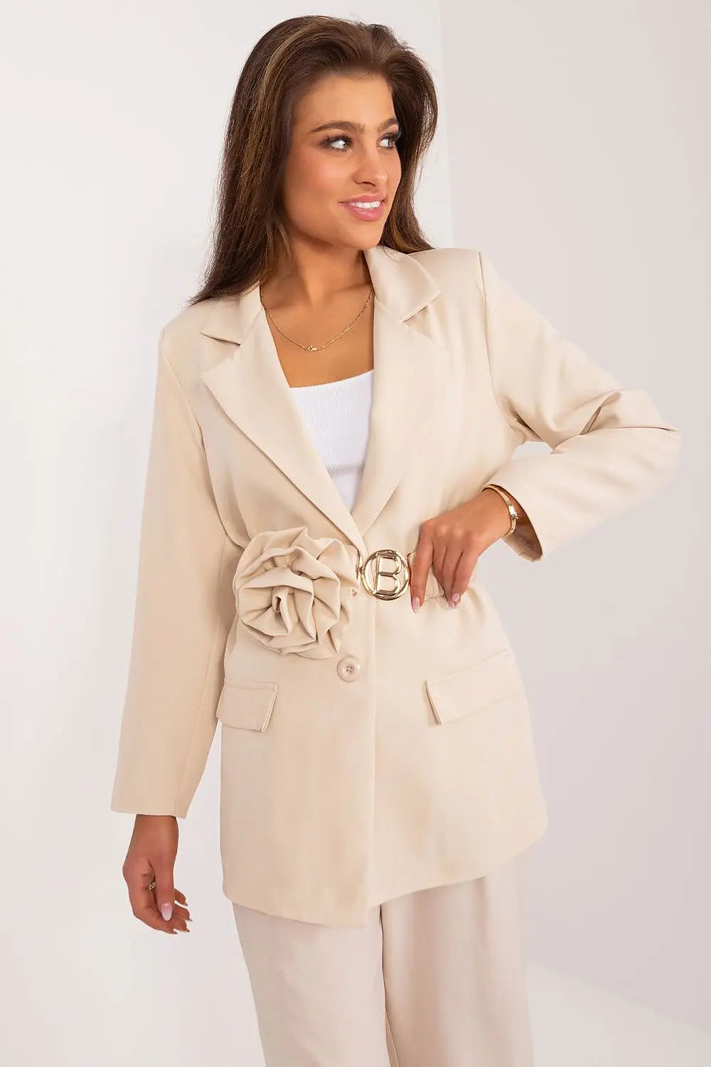 Blazer with Buckle Belt, Shoulder Pads & Detachable Flower Detail Italy Moda