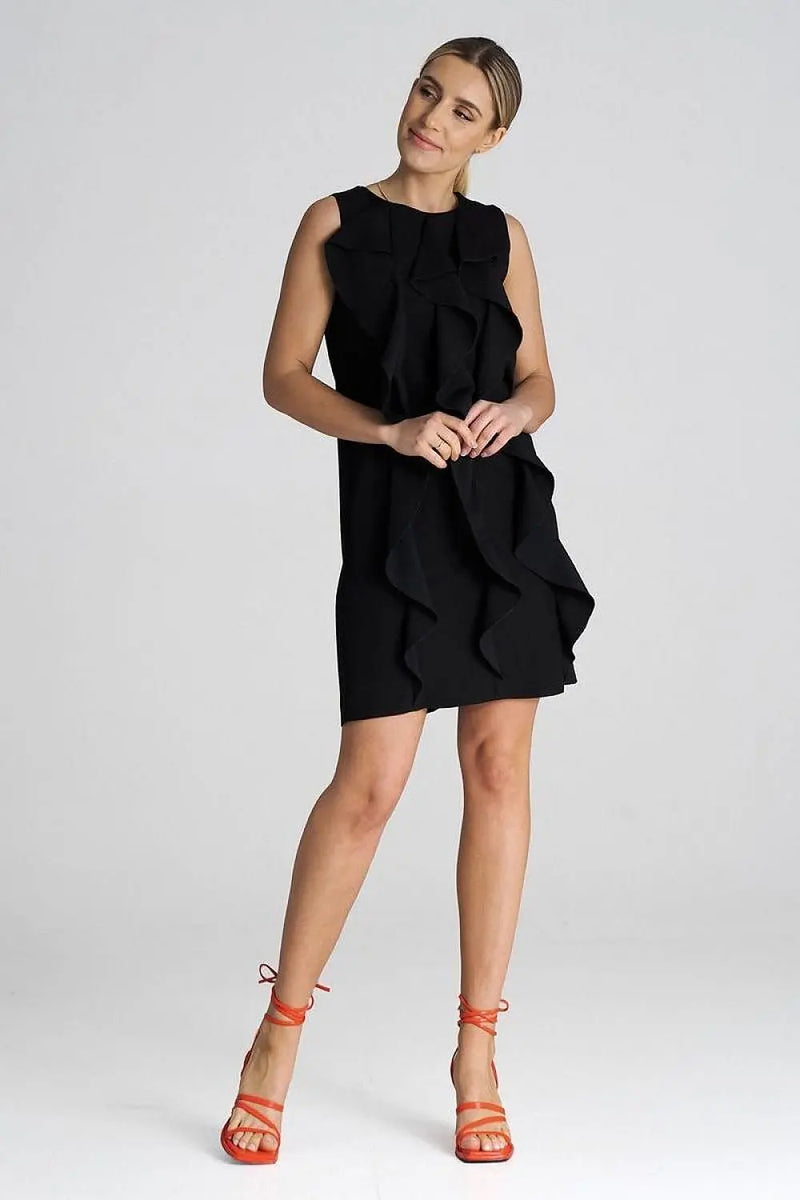 Sleeveless Trapeze Dress with Vertical Decorative Ruffles Figl