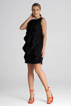 Sleeveless Trapeze Dress with Vertical Decorative Ruffles Figl