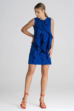 Sleeveless Trapeze Dress with Vertical Decorative Ruffles Figl