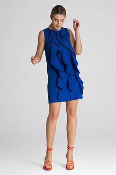 Sleeveless Trapeze Dress with Vertical Decorative Ruffles Figl