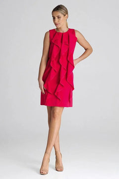 Sleeveless Trapeze Dress with Vertical Decorative Ruffles Figl