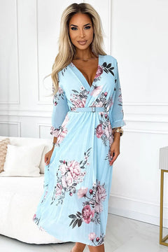 Chiffon Pleated Midi Dress with Pink Roses and Blue Background Numoco