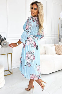 Chiffon Pleated Midi Dress with Pink Roses and Blue Background Numoco