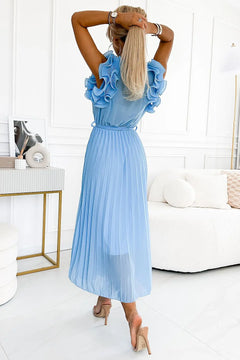 Elegant Pleated Chiffon Dress with Envelope Neckline & Belt – Versatile Blue Midi Dress Numoco