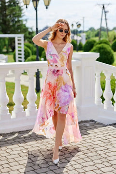 Maxi Chiffon Dress with Floral Print and Envelope Neckline Roco Fashion