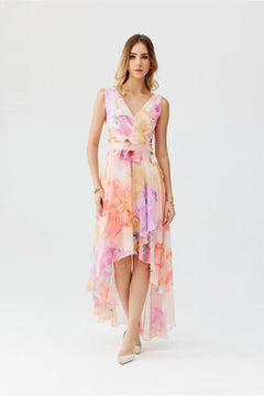 Maxi Chiffon Dress with Floral Print and Envelope Neckline Roco Fashion