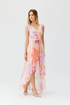 Maxi Chiffon Dress with Floral Print and Envelope Neckline Roco Fashion