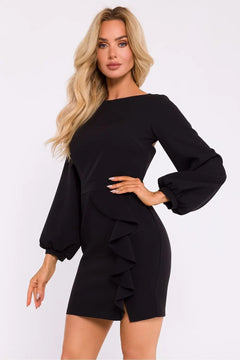 Elegant Mini Dress with Waist Flounce, Back Cut-Out & Buffet Sleeves Moe