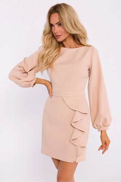 Elegant Mini Dress with Waist Flounce, Back Cut-Out & Buffet Sleeves Moe