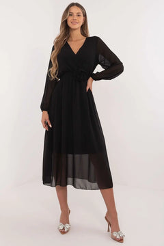 Elegant Flared Formal Dress with Waist Tie and Long Sleeves Italy Moda