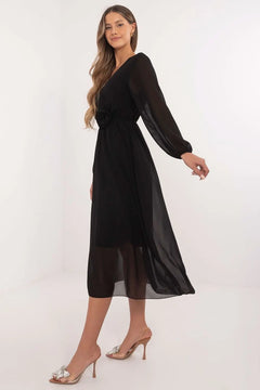 Elegant Flared Formal Dress with Waist Tie and Long Sleeves Italy Moda