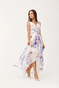 Maxi Chiffon Dress with Floral Print and Envelope Neckline Roco Fashion