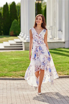 Maxi Chiffon Dress with Floral Print and Envelope Neckline Roco Fashion