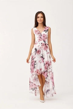 Maxi Chiffon Dress with Floral Print and Envelope Neckline Roco Fashion