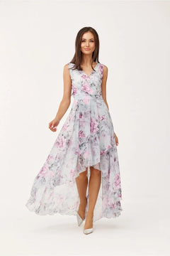 Maxi Chiffon Dress with Floral Print and Envelope Neckline Roco Fashion