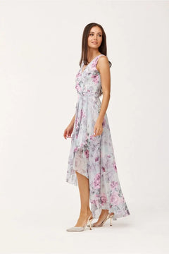 Maxi Chiffon Dress with Floral Print and Envelope Neckline Roco Fashion