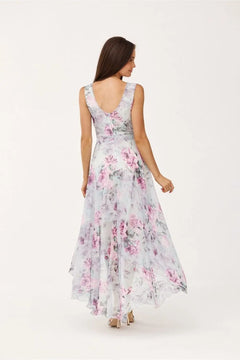 Maxi Chiffon Dress with Floral Print and Envelope Neckline Roco Fashion