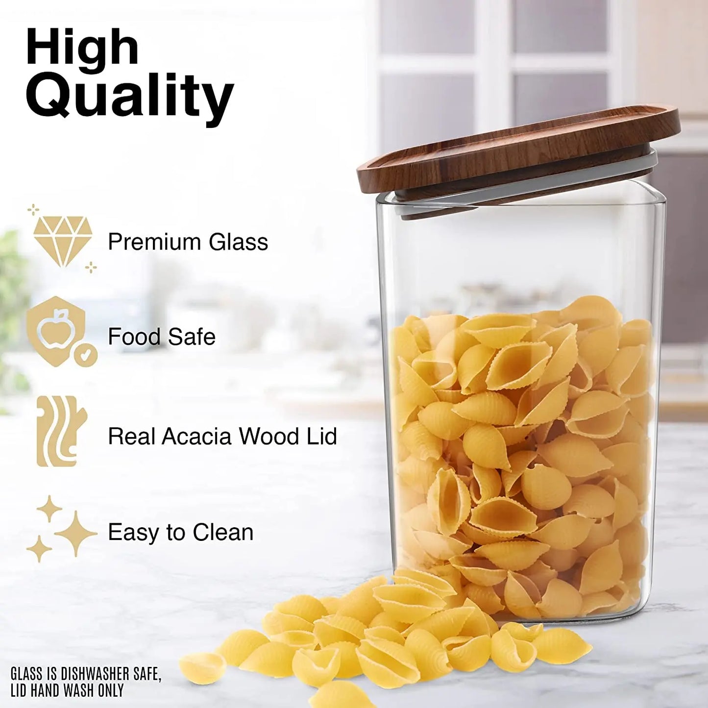 Square Glass Jars with Wood Lids Set of (2) 52 Fl Oz Airtight and Stackable ECO Storage Containers for Kitchen Pantry Wooden Lid BPA Free and Recyclable Canister for Food Cookies Coffee Beans