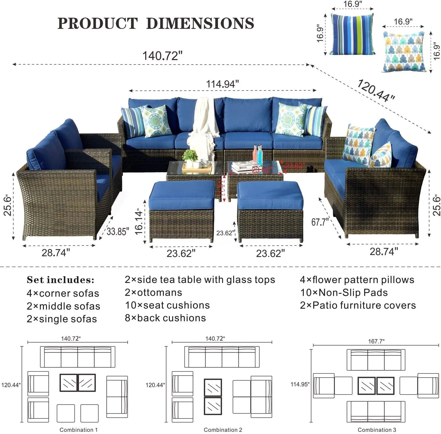 Patio Furniture Set Outdoor Sectional Sofa No Assembly Required 12 Pieces All Weather Wicker Conversation Set with Furniture Covers and 4 Pillows,12 PCS Navy Blue