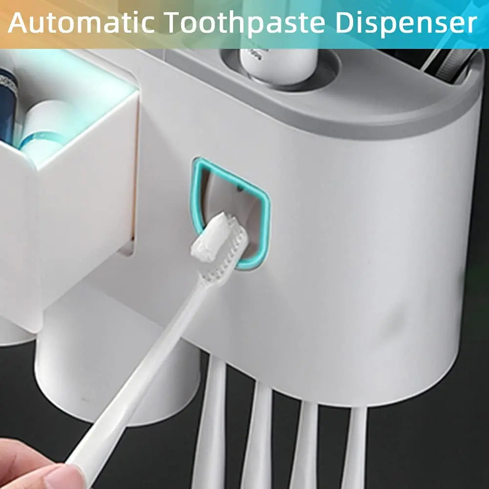 Toothbrush Holder Wall Mounted, Toothpaste Dispenser for Bathrooms Automatic Electric Tooth Pastetooth Dispenser Squeezer Accessories Set for Kids, Toothbrush Organizer Rack with Magnetic Cup , Grey